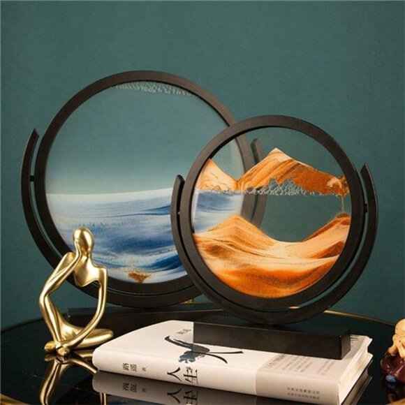 8 Inch 3D Flip Round Black Frame Liquid Sand Art, Hourglass Glass Ornament Gift - Picture 2 of 9